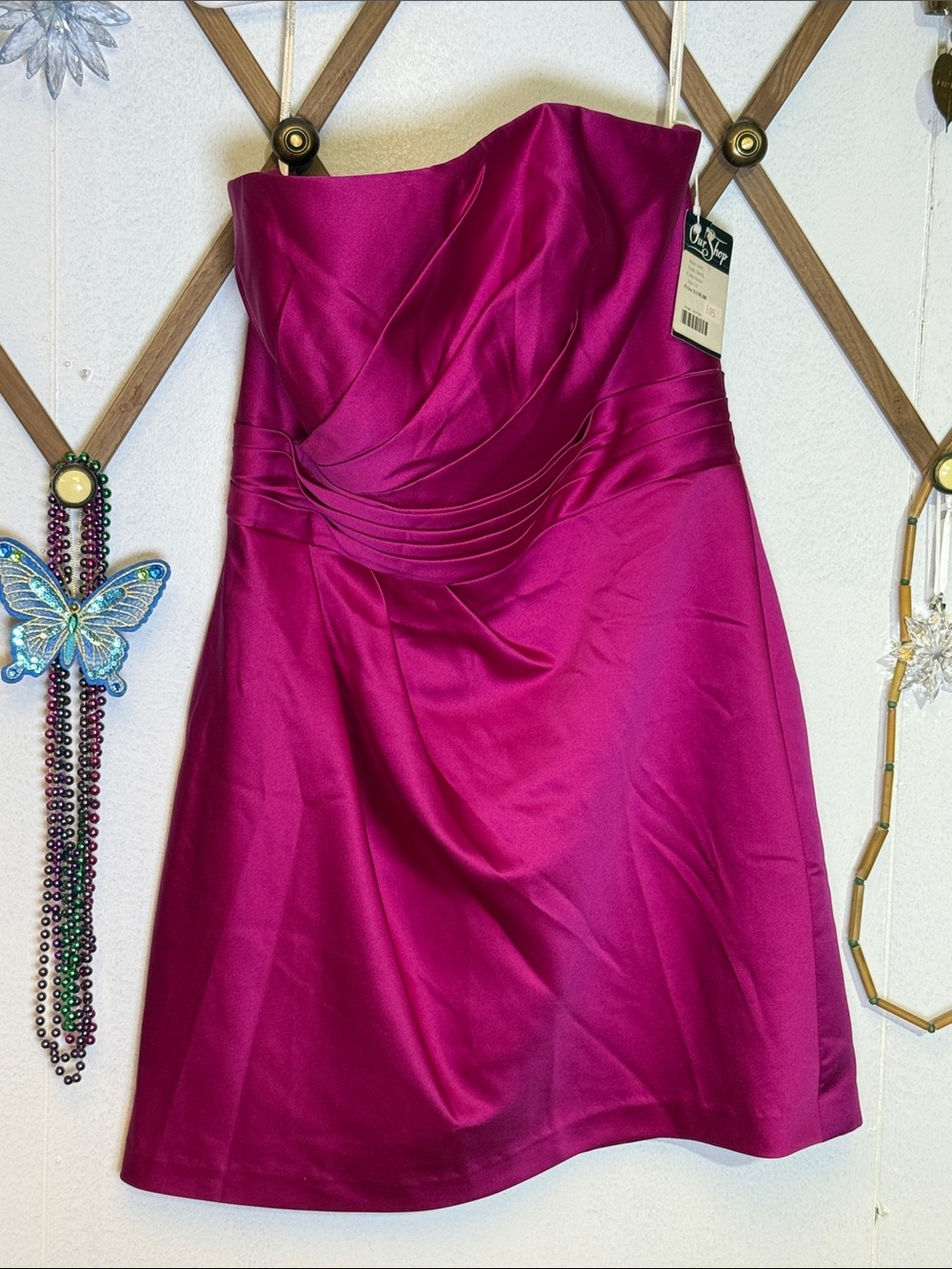 Strapless Fuchsia Party Dress with Ruched Waistband